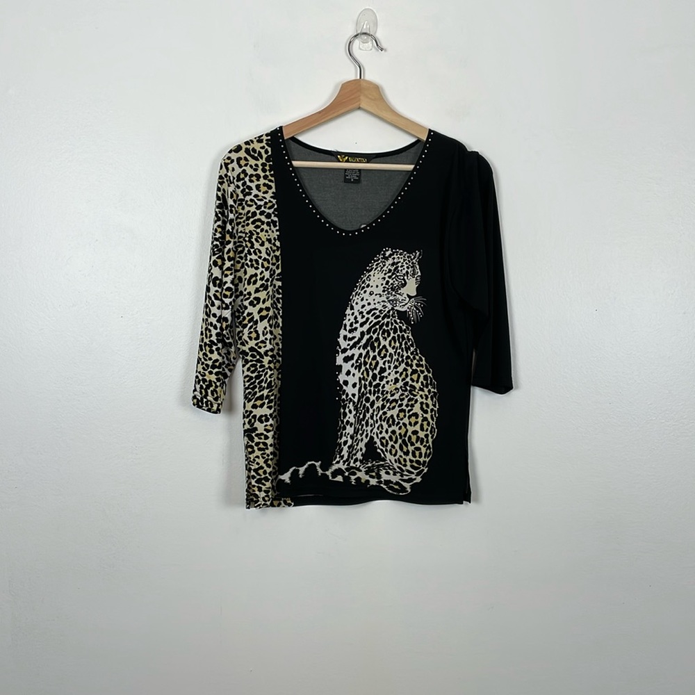 Valentina Womens S Artsy Embellished Cheetah Stretch Knit Tunic Long Sleeve Top
